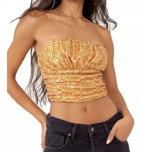 Free People Ta Da Sequin Tank Top in Gold Size Large NWT - Picture 1 of 8